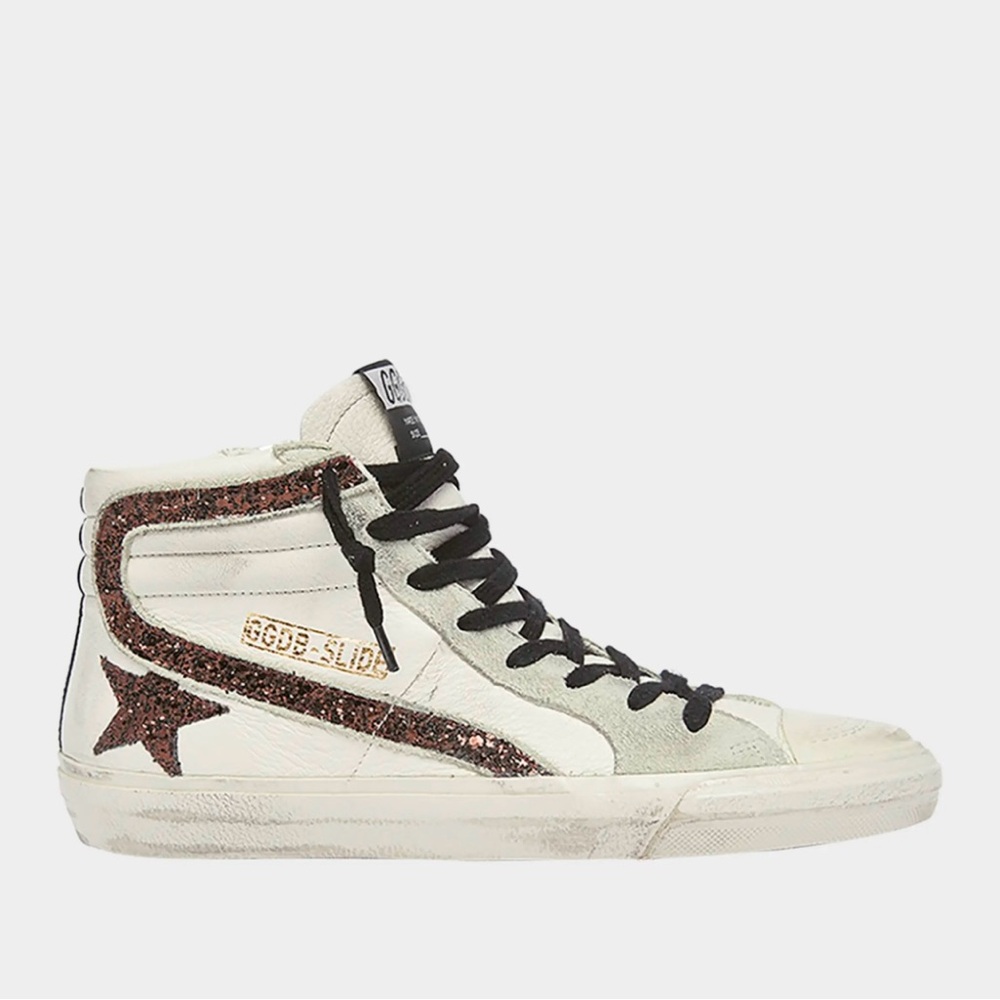 NEW in BOX Golden Goose mid-top sneakers in suede and leather with glitter trim